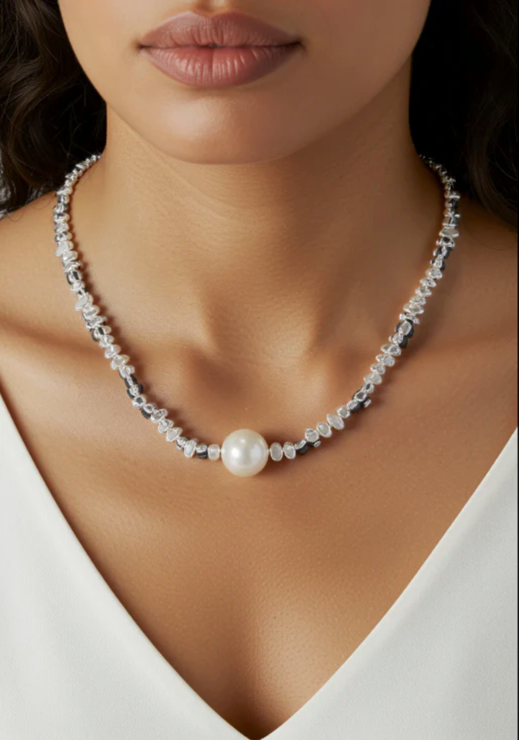 Classic Silver Metal Pearl Necklace